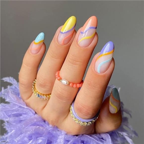 24 Pcs Press on Nails Medium, Sunjasmine Fake Nails Almond Glue on Nails